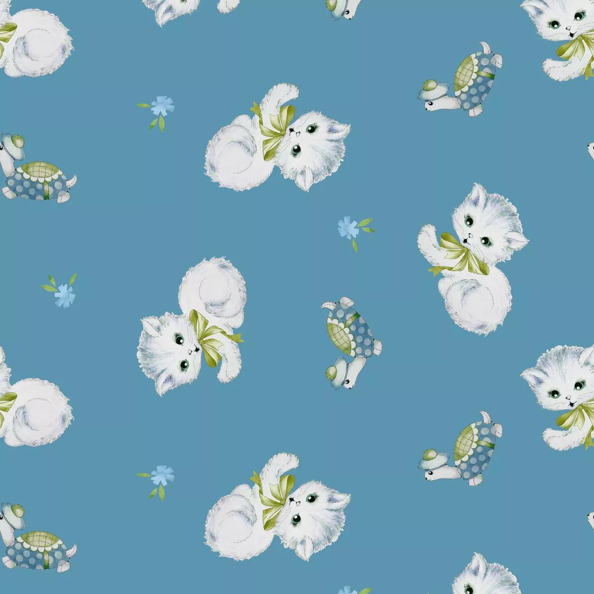 retro-kittens-on-blue-fabric Retro Kittens on Blue Fabric