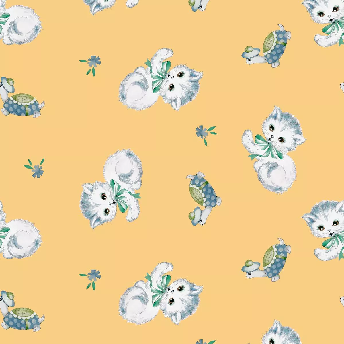 retro-kittens-on-yellow-fabric Retro Kittens on Yellow Fabric