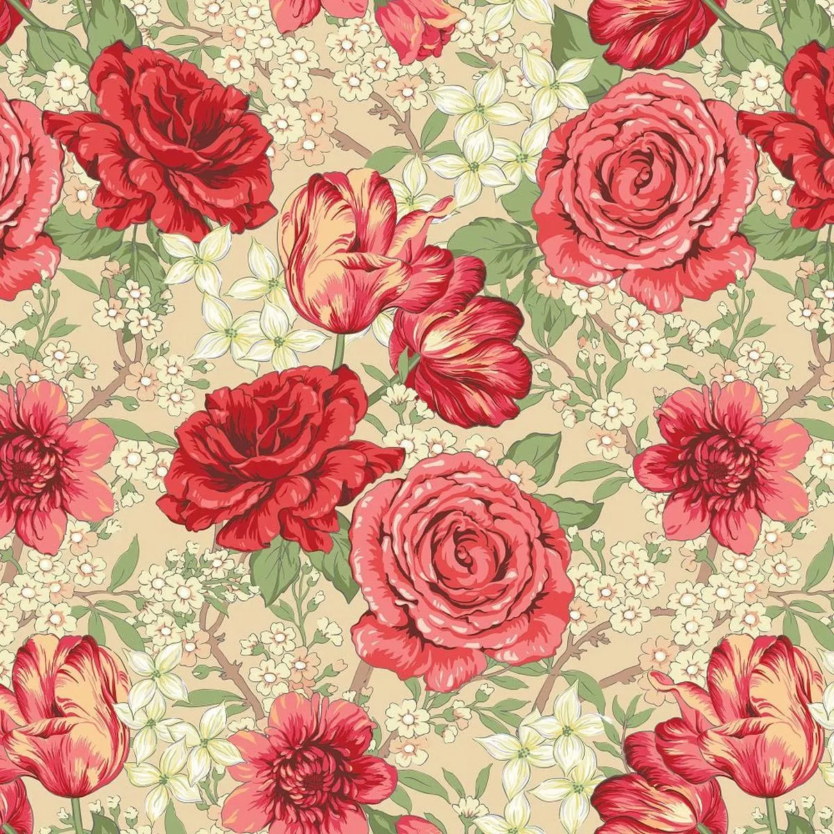 retro-rose-tulip-fabric-tan Retro Rose and Tulip Fabric – Tan