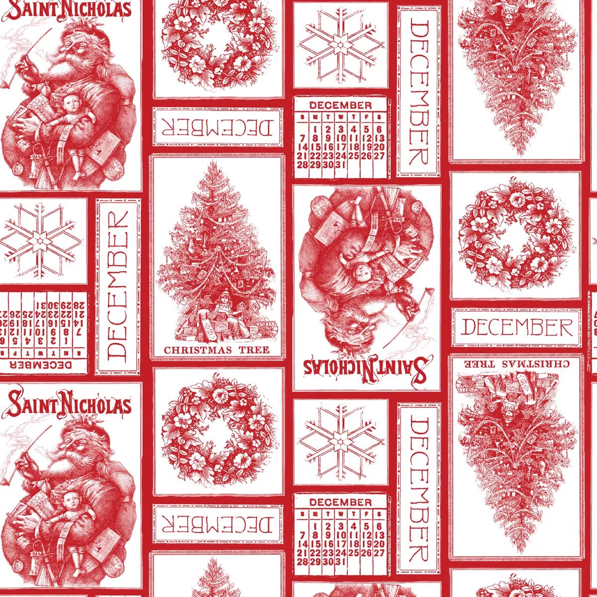 saint-nick-collage-on-red-fabric Saint Nick Collage on Red Fabric