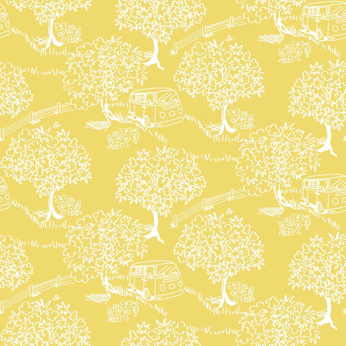 Scenic Trees on Yellow Fabric