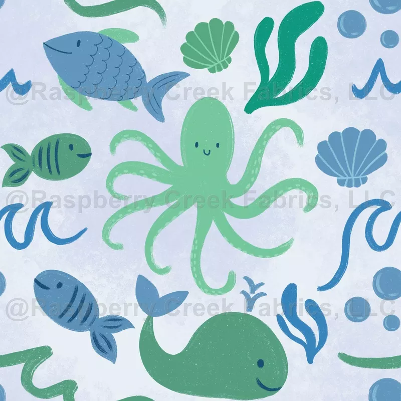 Sea Animals Seamless Pattern with Octopus and Fish