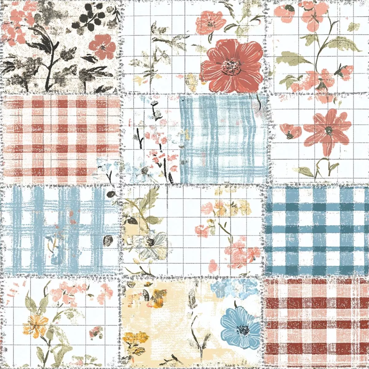 Shabby Chic Floral Gingham Pattern 9 Quilting Cotton Fabric