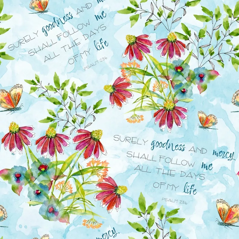 Shannon Snow Floral Scripture on Blue Fabric
