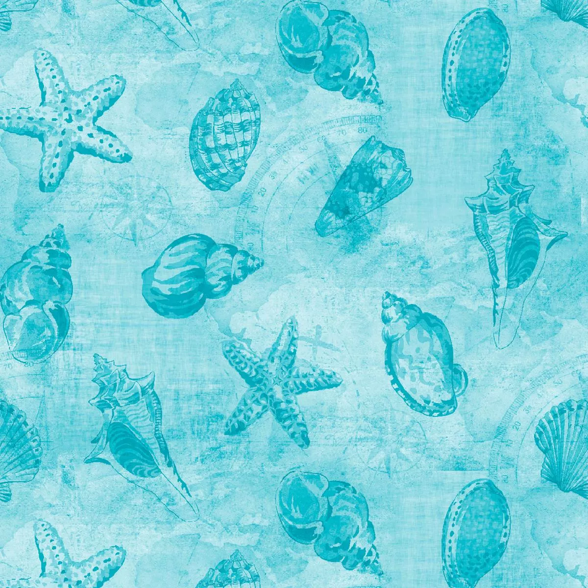 shells-starfish-on-turquoise-fabric Shells and Starfish on Turquoise Fabric