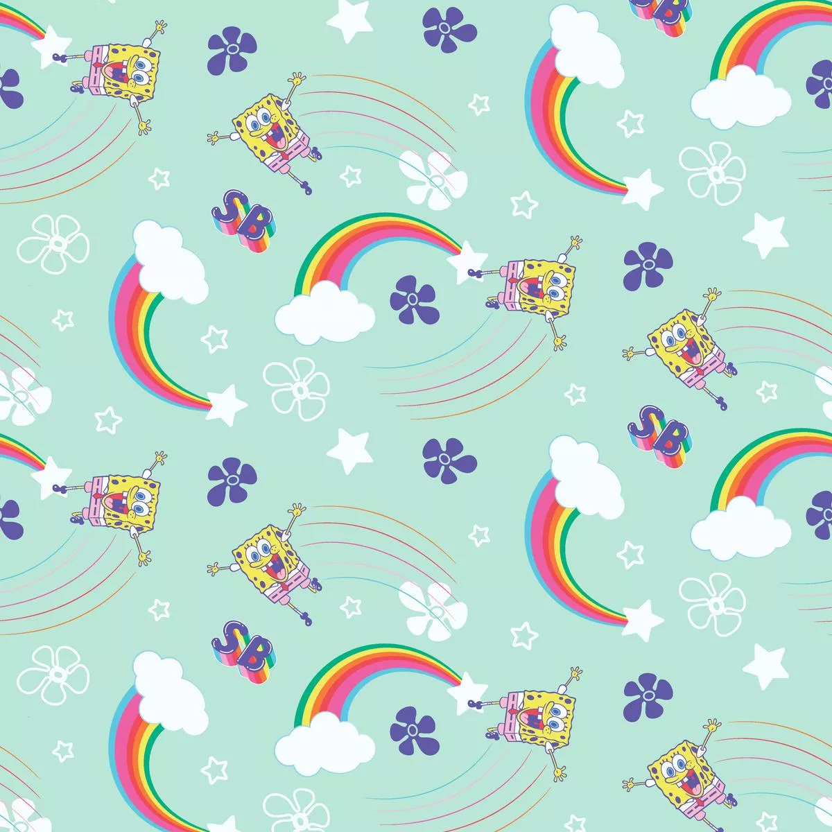 spongebob-loves-rainbows-on-mint-green-fabric SpongeBob Loves Rainbows on Mint Green Fabric