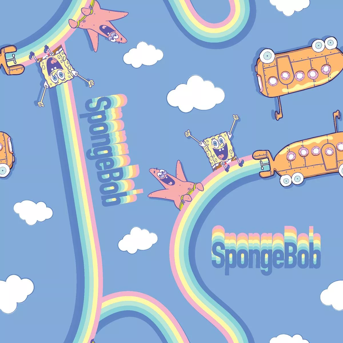 spongebob-rainbow-road-adventure-on-blue-fabric SpongeBob Rainbow Road Adventure on Blue Fabric