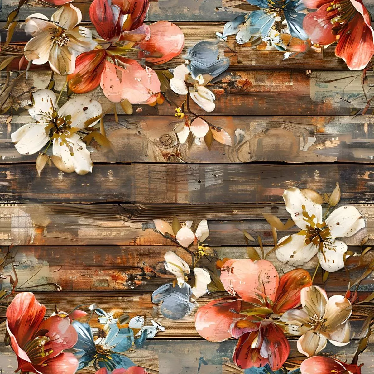 Spring Floral on Wood Planks Pattern #4 Fabric