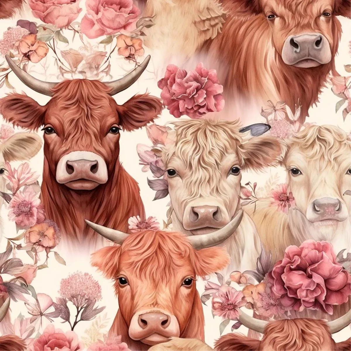 springtime-highland-cows-pattern-10-fabric Springtime Highland Cows Pattern #10 Fabric