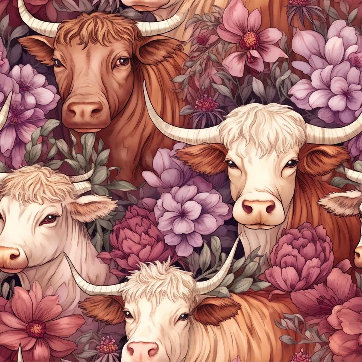 springtime-highland-cows-pattern-16-fabric Springtime Highland Cows Pattern #16 Fabric