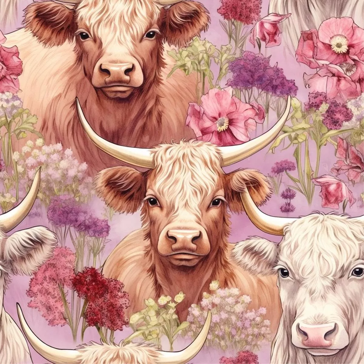 springtime-highland-cows-pattern-3-fabric Springtime Highland Cows Pattern #3 Fabric