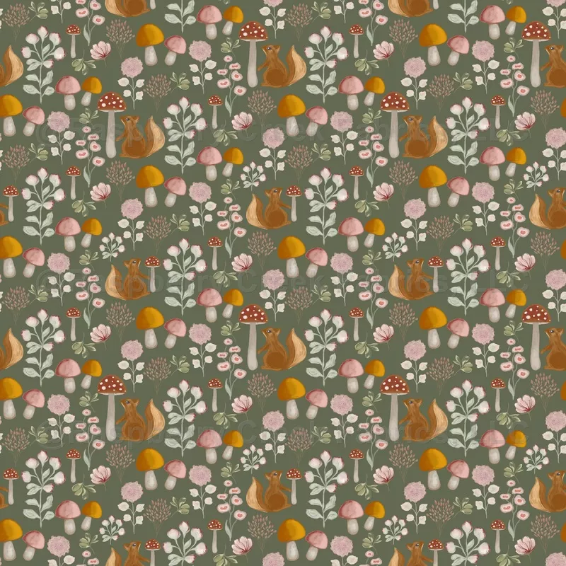 Squirrel and Mushrooms on Dark Green – Medium
