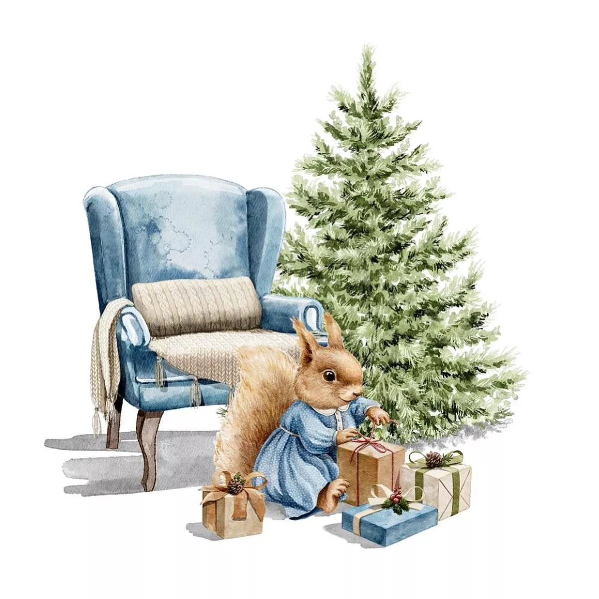 squirrel-with-tree-armchair-opening-presents-fabric-panel Squirrel With Tree & Armchair Opening Presents Fabric Panel