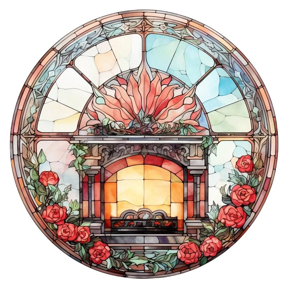stained-glass-red-fireplace-fabric-panel Stained Glass Red Fireplace Fabric Panel