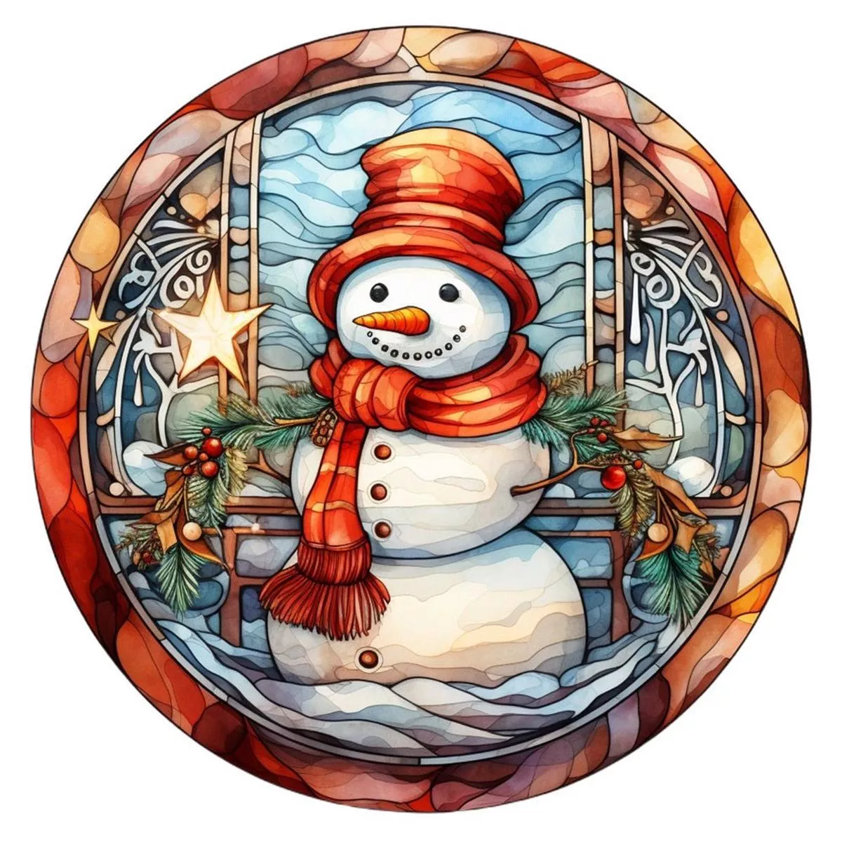 stained-glass-snowman-4-fabric-panel Stained Glass Snowman 4 Fabric Panel