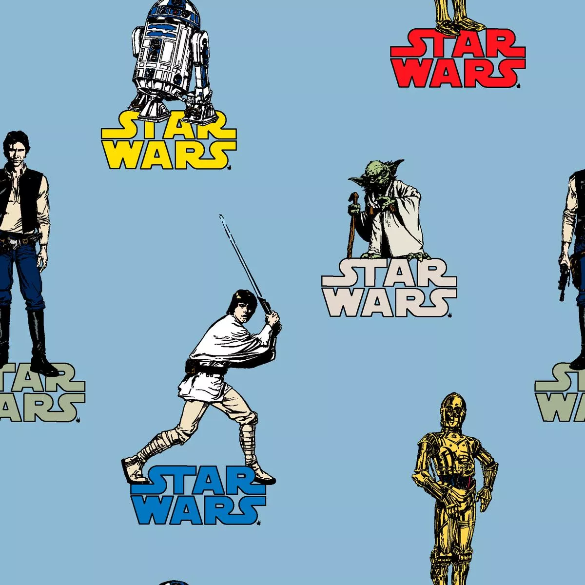 star-wars-classic-characters-on-blue-fabric STAR WARS Classic Characters on Blue Fabric
