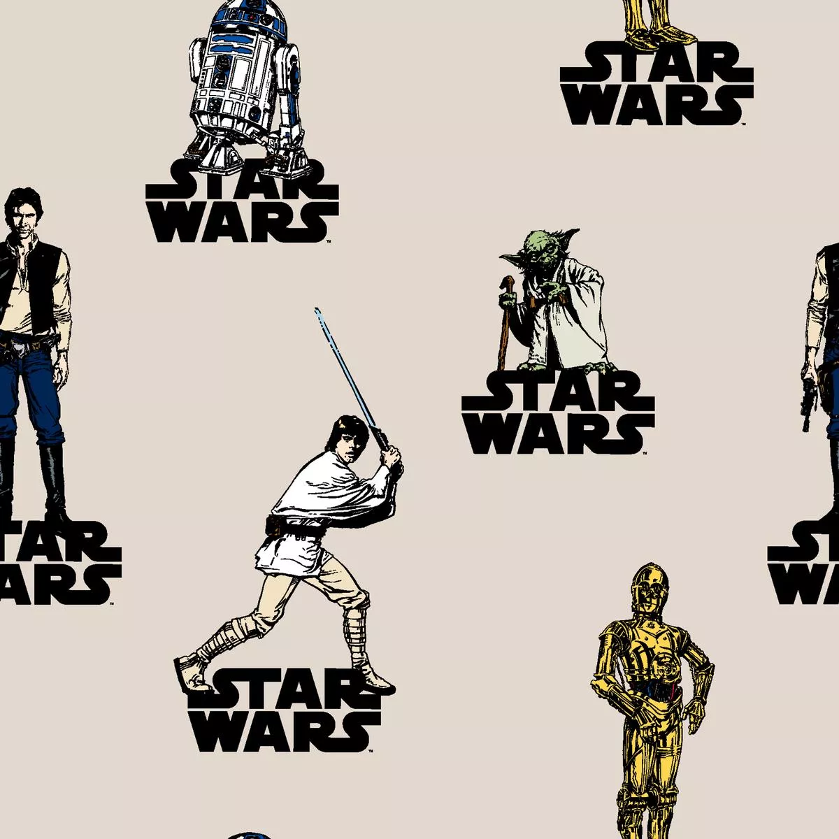 star-wars-classic-characters-on-tan-fabric STAR WARS Classic Characters on Tan Fabric