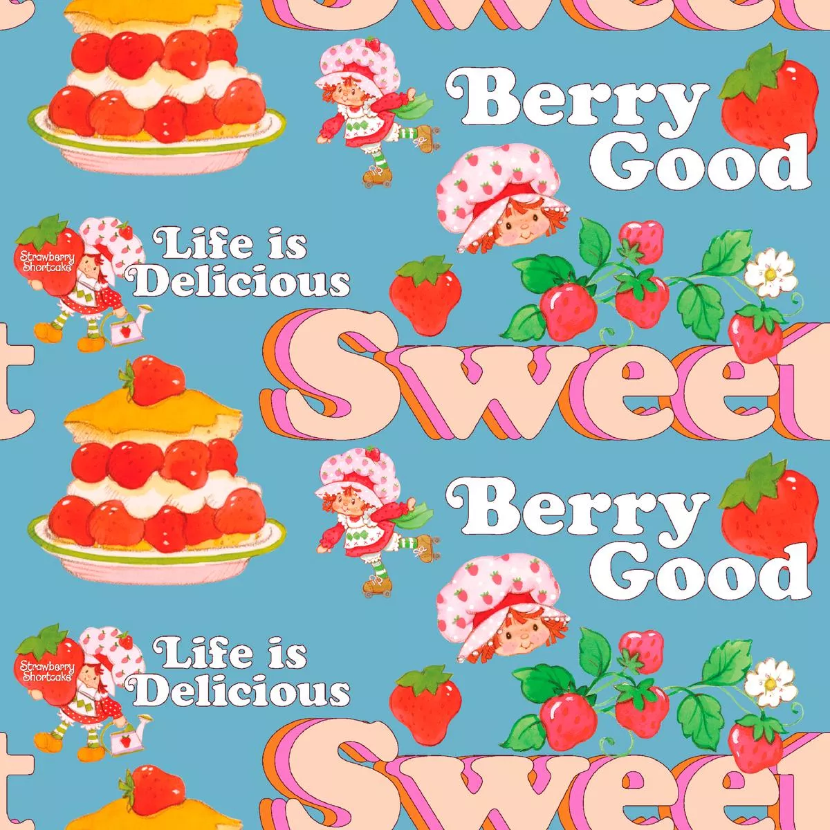 Strawberry Shortcake Berry Good on Blue Fabric