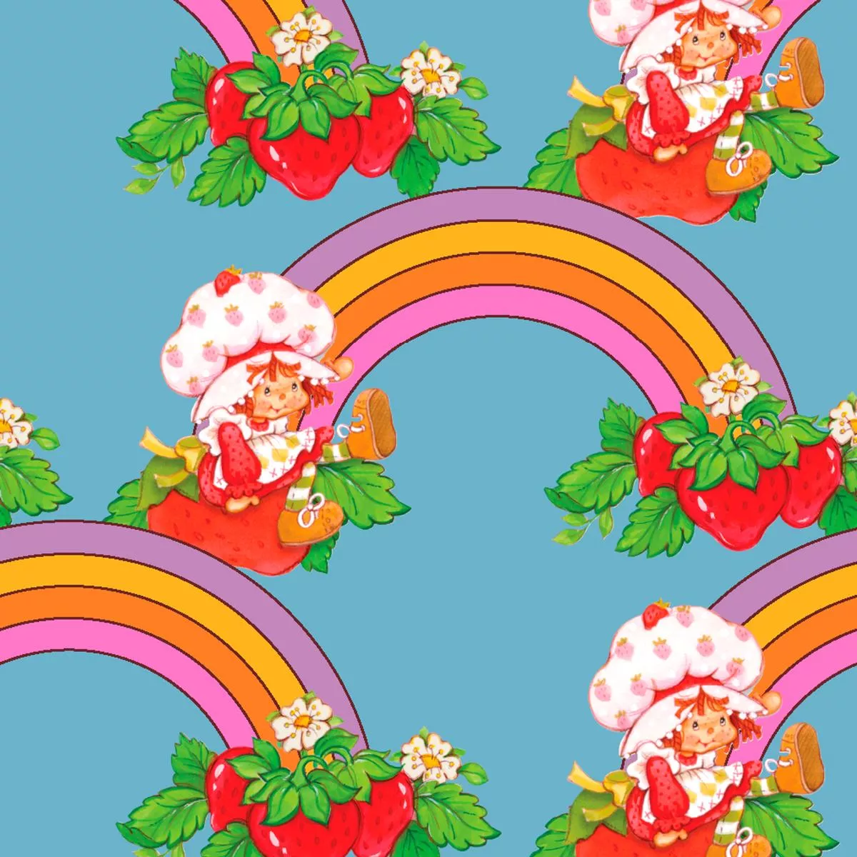 strawberry-shortcake-rainbow-toss-on-blue-fabric Strawberry Shortcake Rainbow Toss on Blue Fabric