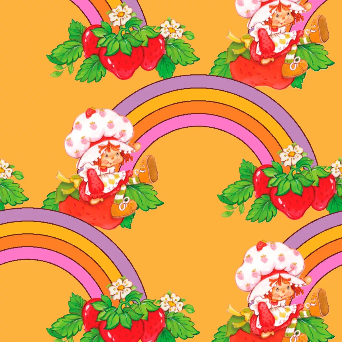strawberry-shortcake-rainbow-toss-on-yellow-fabric Strawberry Shortcake Rainbow Toss on Yellow Fabric
