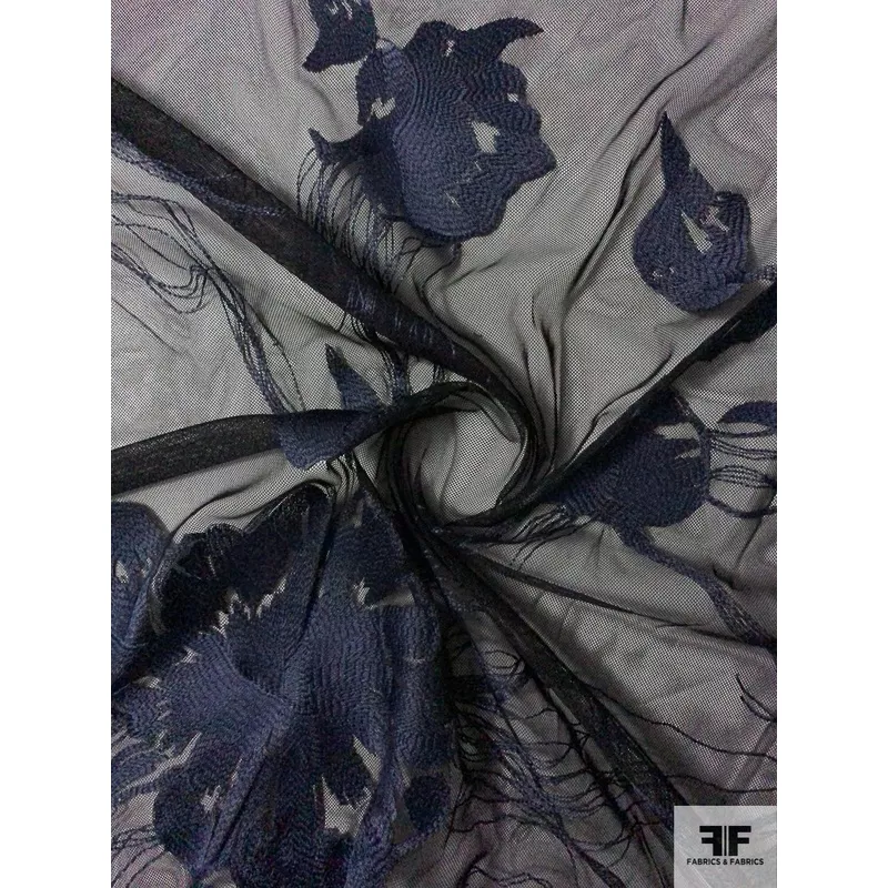stretch-tulle-with-exotic-embroidery-navy Stretch Tulle with Exotic Embroidery – Navy
