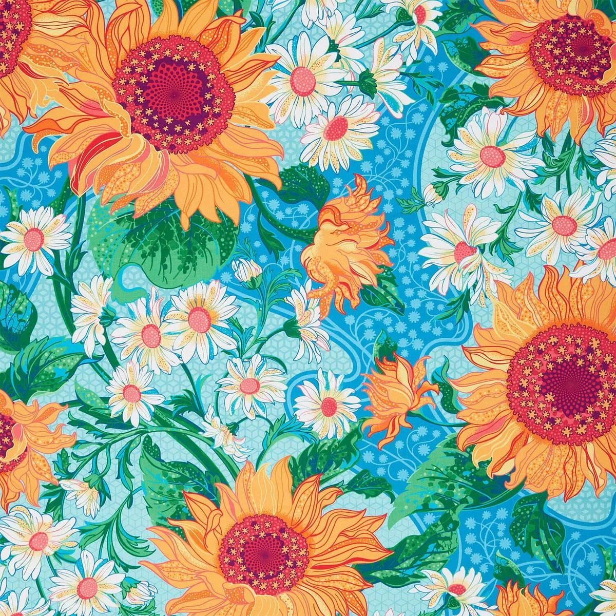 sunflower-sonata-sunflowers-aqua-yardage Sunflower Sonata – Sunflowers Aqua Yardage