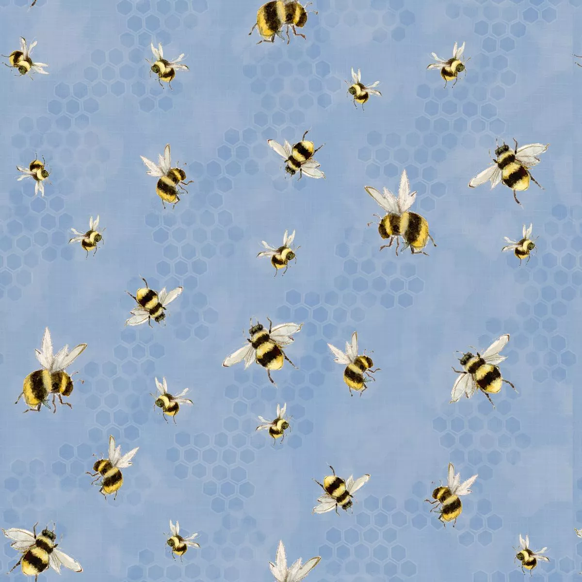 susan-winget-buzzing-honeybees-on-blue-fabric Susan Winget Buzzing Honeybees on Blue Fabric