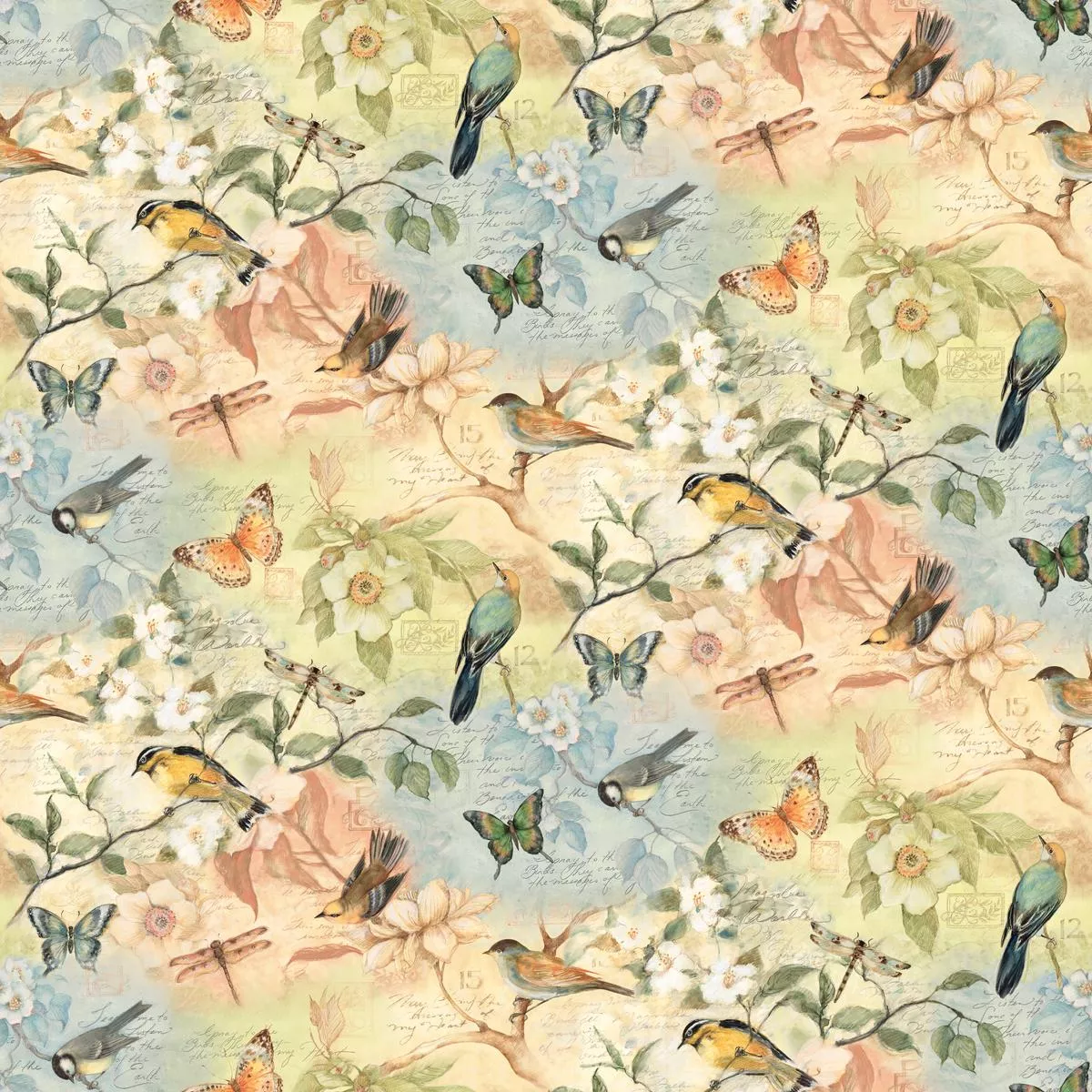 susan-winget-vintage-aviary-bird-collage-fabric Susan Winget – Vintage Aviary – Bird Collage Fabric
