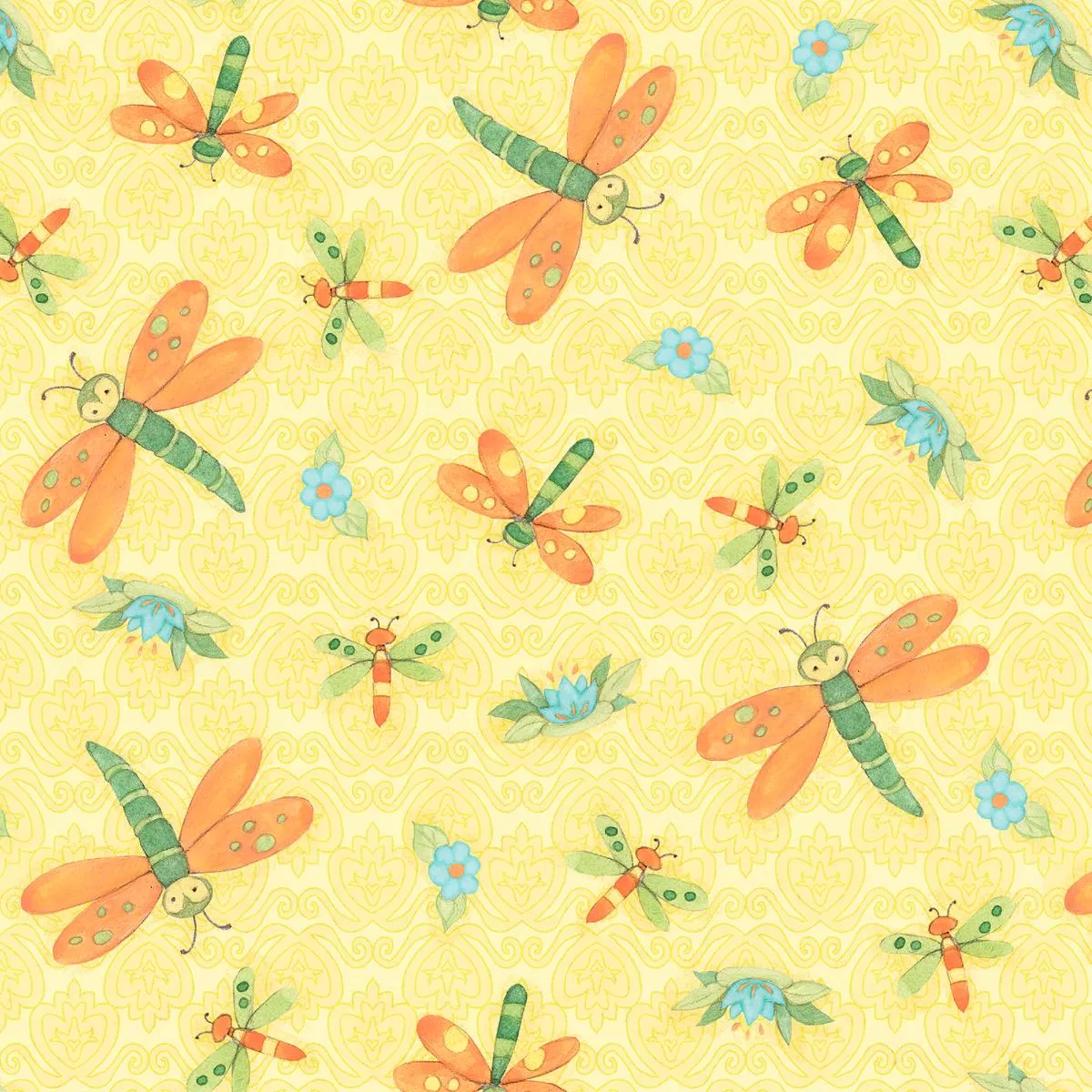 susan-winget-whimsical-dragonfly-on-yellow-fabric Susan Winget Whimsical Dragonfly on Yellow Fabric