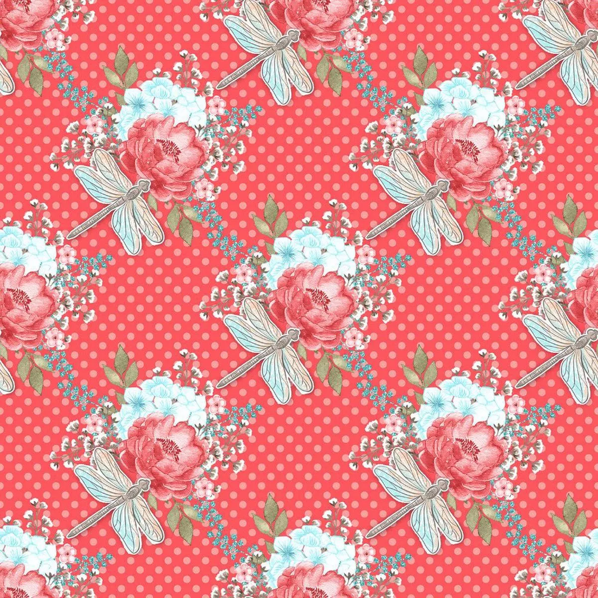 sweet-dragonfly-on-red-dots-fabric Sweet Dragonfly on Red Dots Fabric
