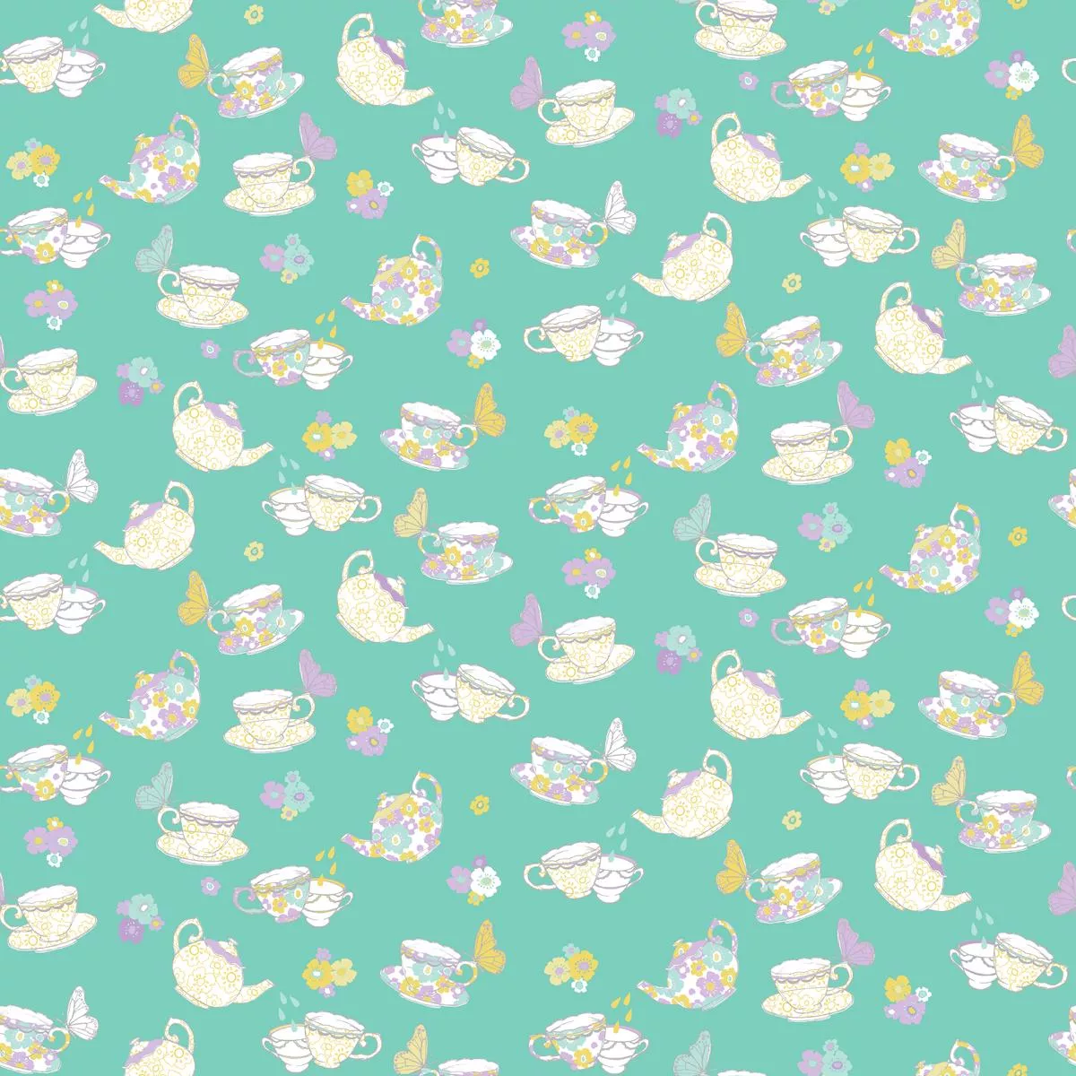 tea-party-on-teal-fabric Tea Party on Teal Fabric