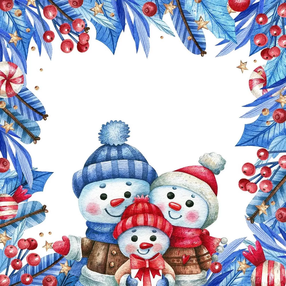 three-snowmen-in-framed-wreath-fabric-panel-blue Three Snowmen in a Framed Wreath Fabric Panel – Blue