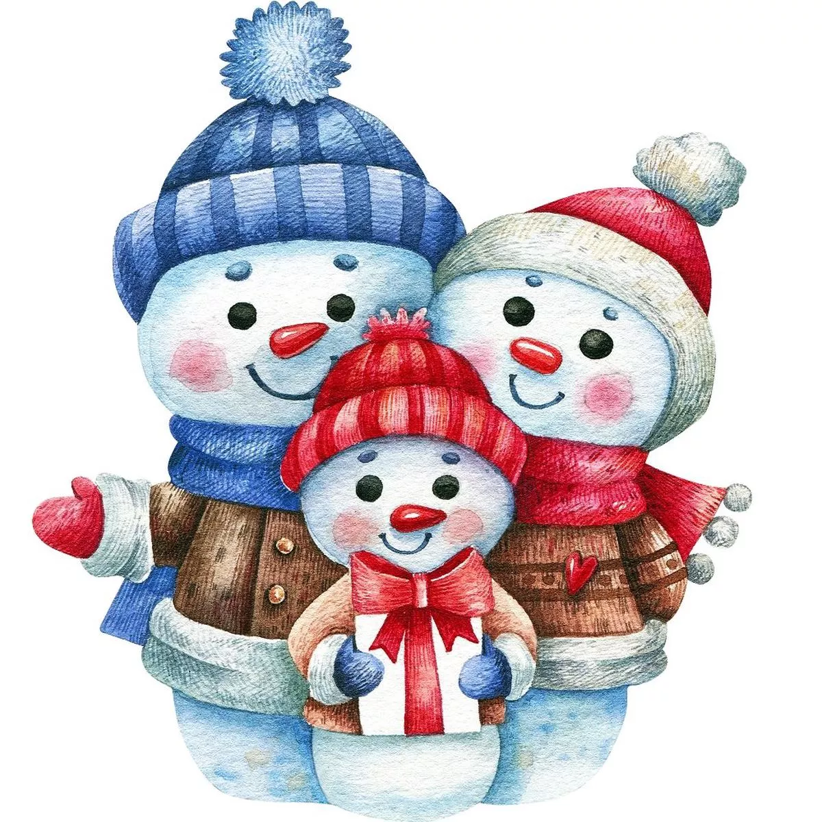 Three Watercolor Snowmen Fabric Panel