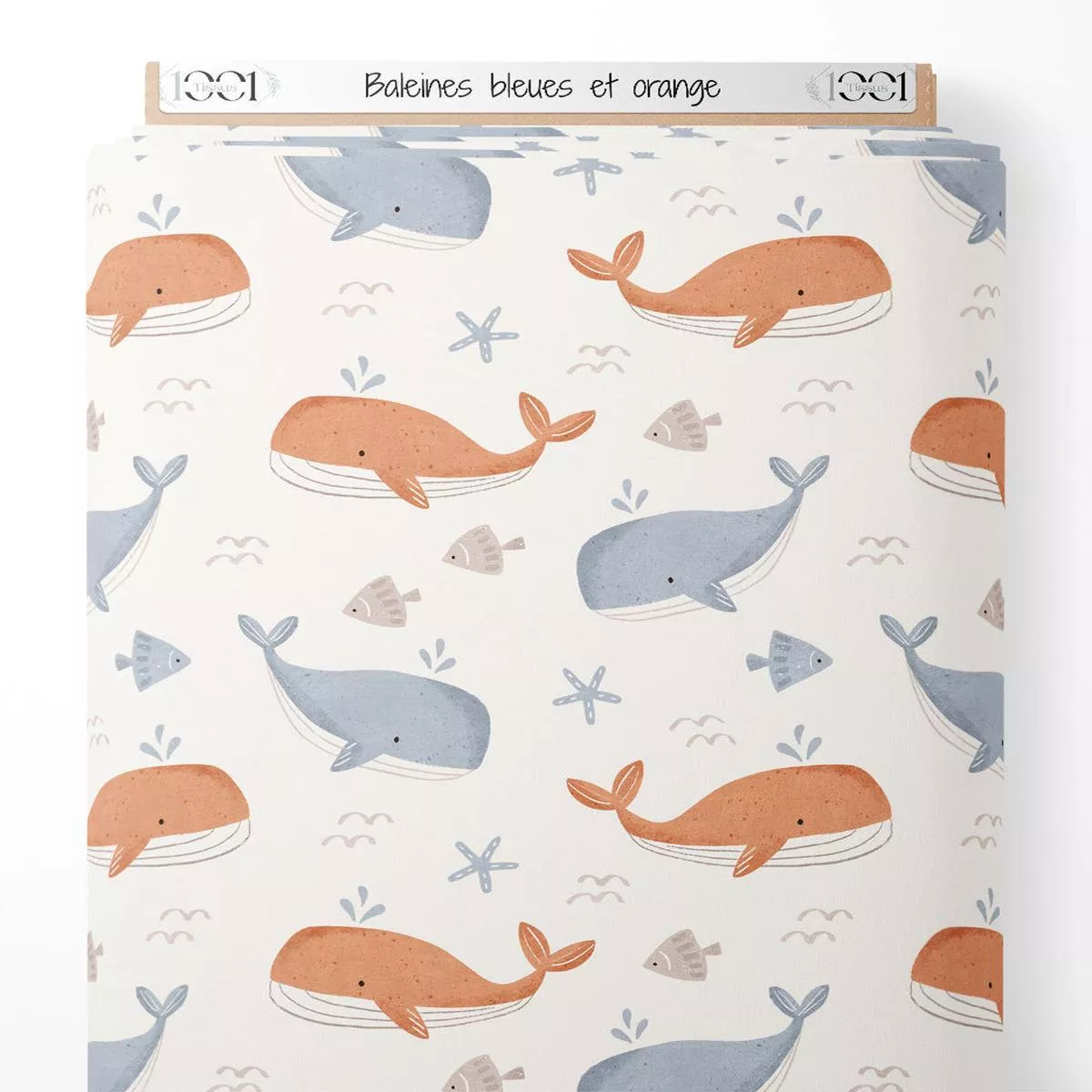 tissu-baleines-bleues-et-orange Tissu – Baleines bleues et orange