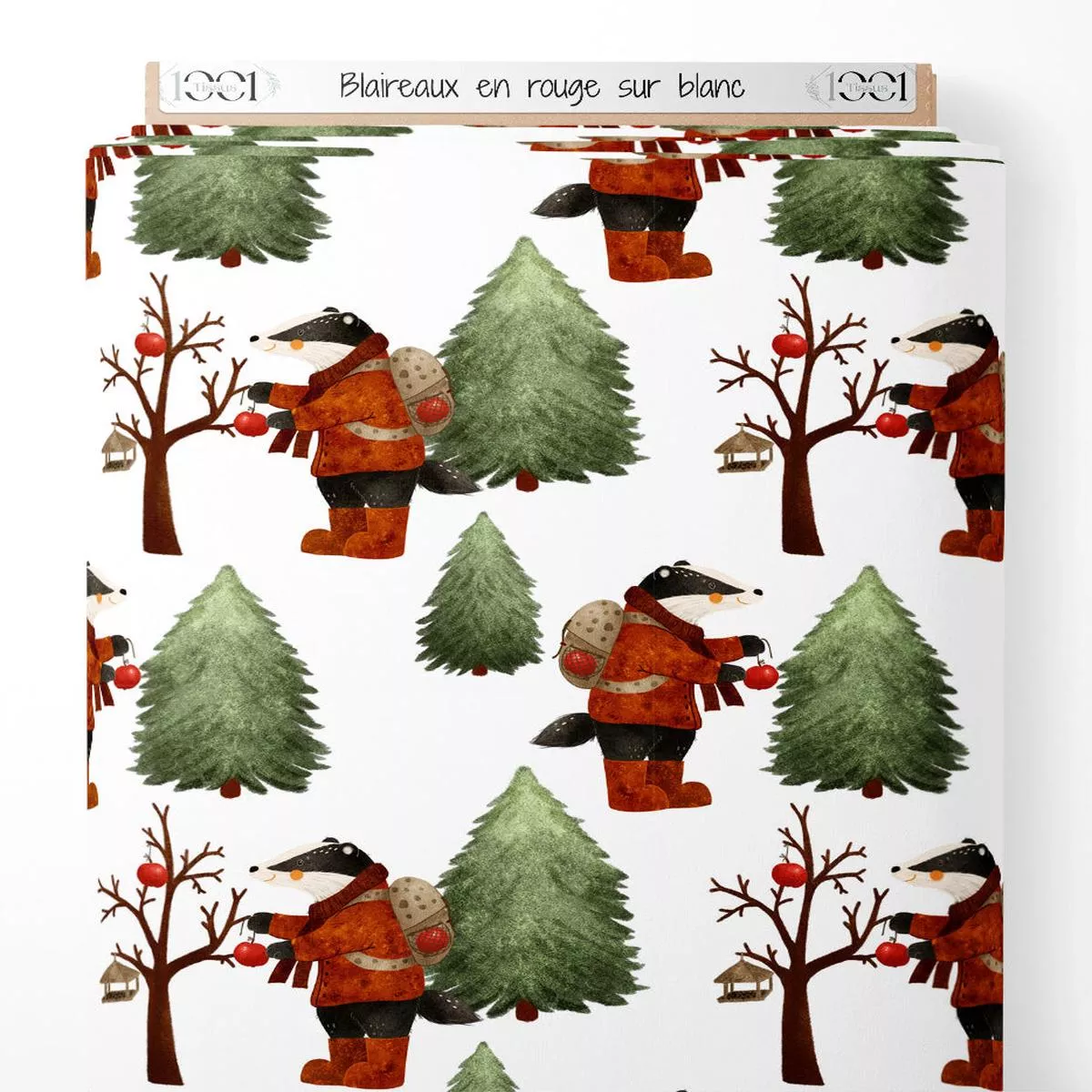 tissu-blaireaux-en-rouge-sur-blanc Tissu – Blaireaux en rouge sur blanc