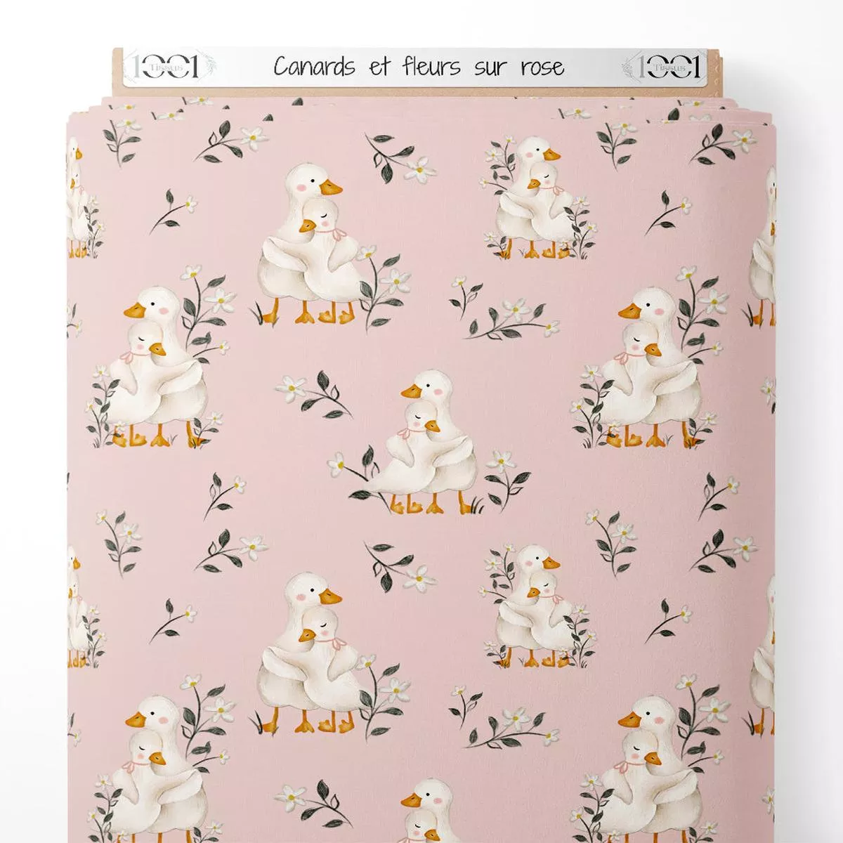 Tissu – Canards et fleurs sur rose