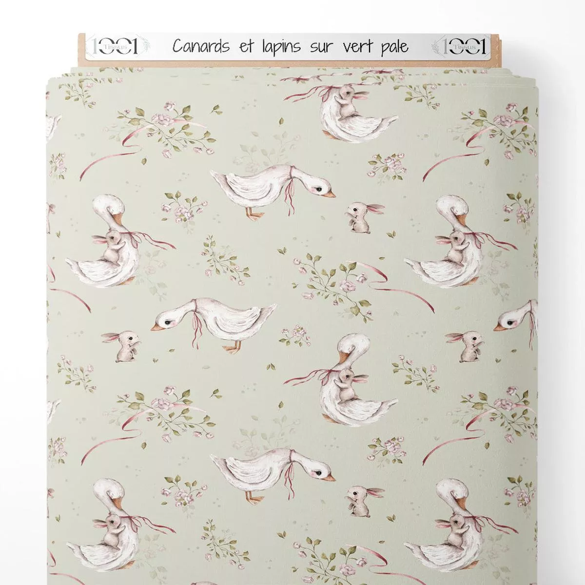 Tissu – Canards et lapins sur vert ple
