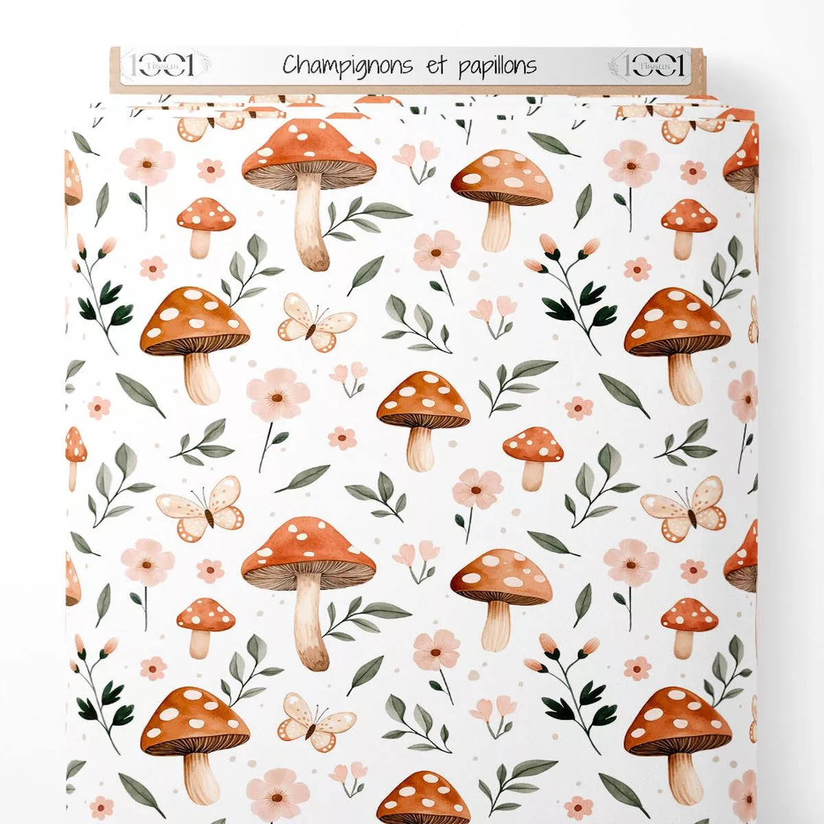 Tissu – Champignons et papillons
