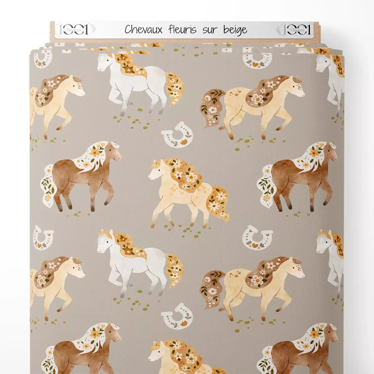 tissu-chevaux-fleuris-sur-beige Tissu – Chevaux fleuris sur beige