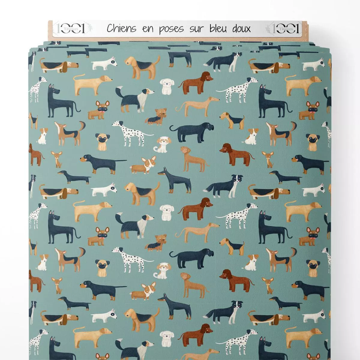 tissu-chiens-en-poses-sur-bleu-doux Tissu – Chiens en poses sur bleu doux