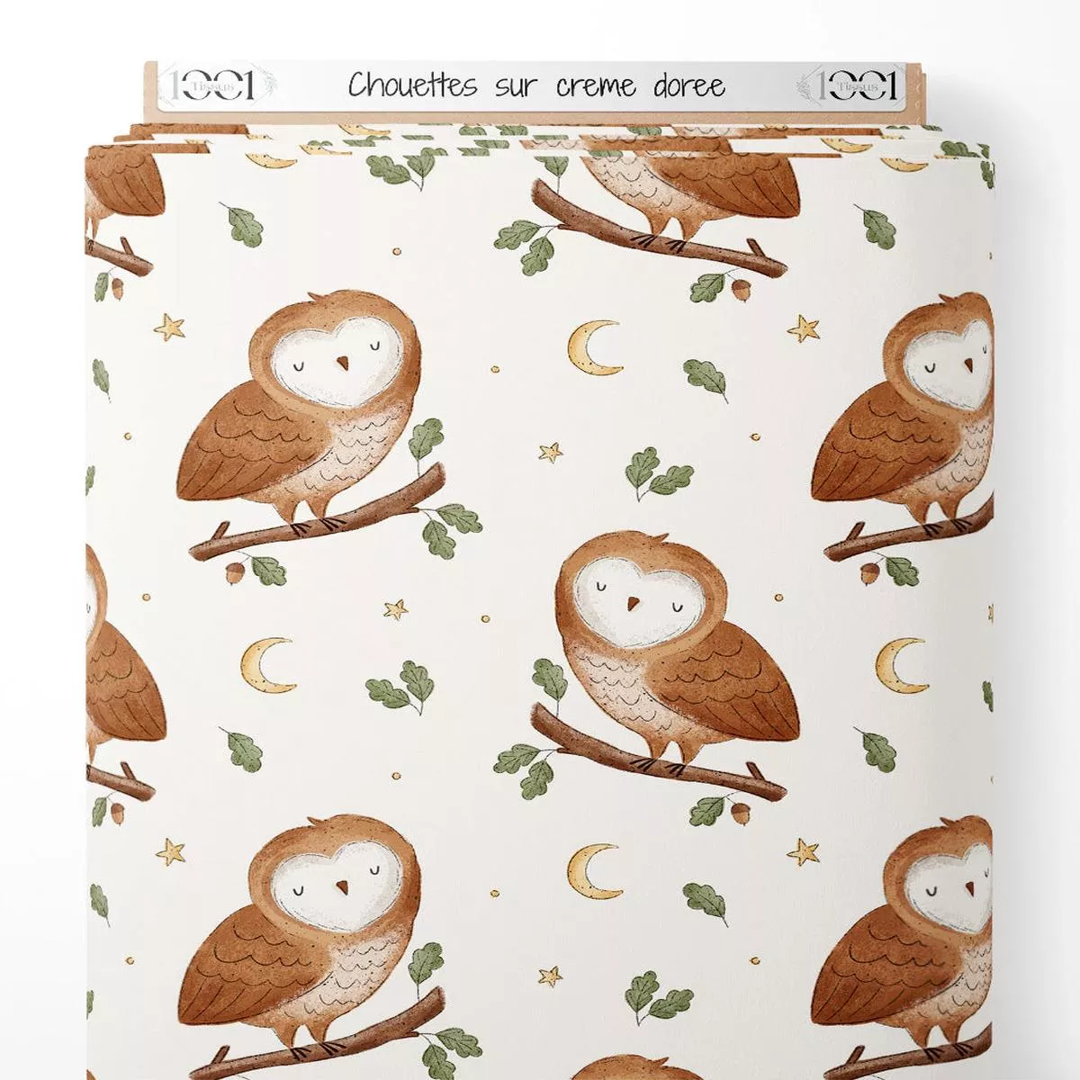 tissu-chouettes-sur-crme-dore Tissu – Chouettes sur crme dore