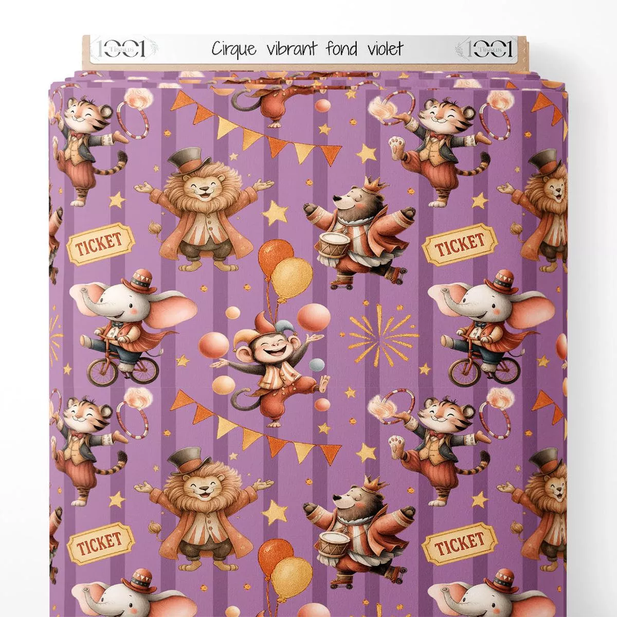 tissu-cirque-vibrant-sur-fond-violet Tissu – Cirque vibrant sur fond violet
