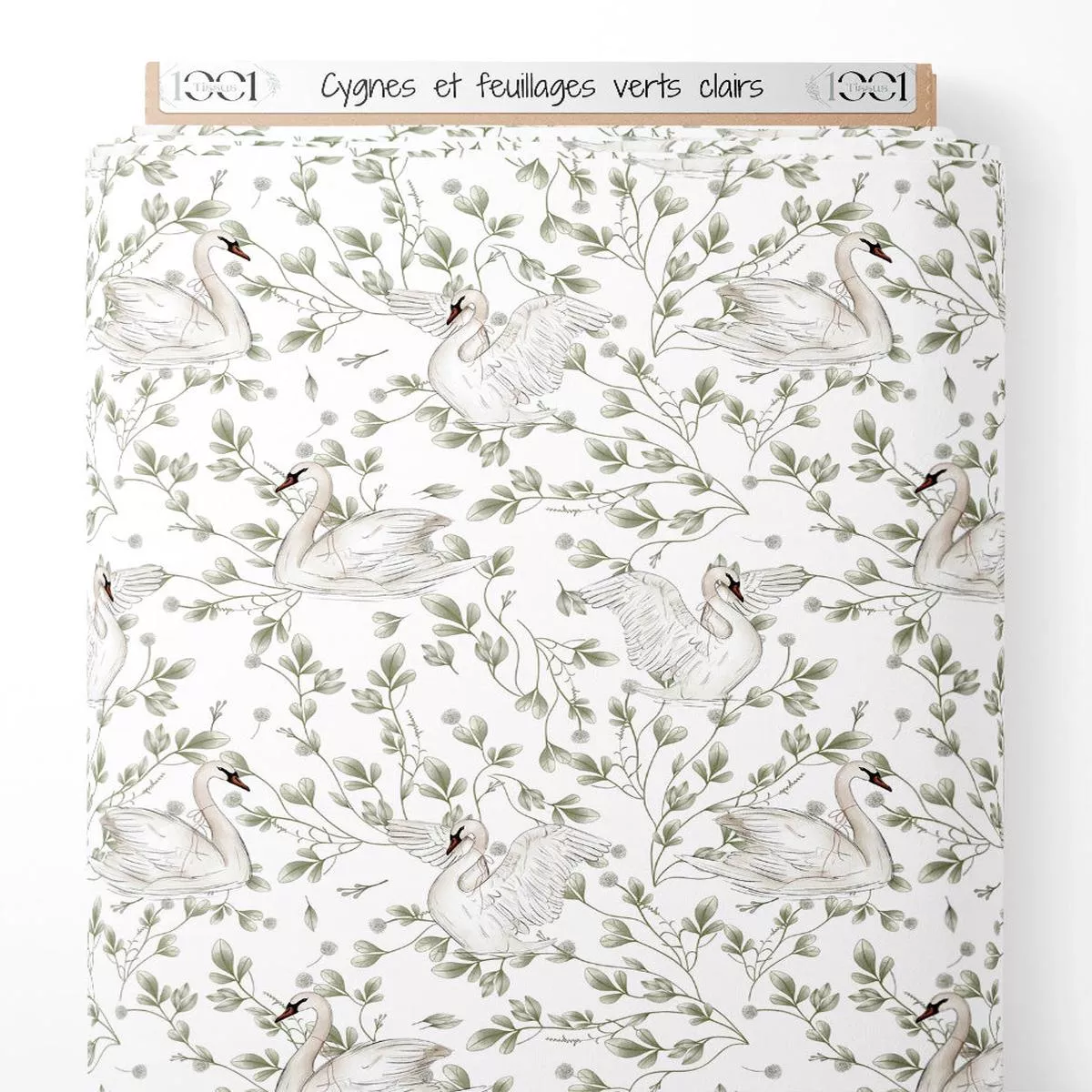 tissu-cygnes-et-feuillages-verts-clairs Tissu – Cygnes et feuillages verts clairs