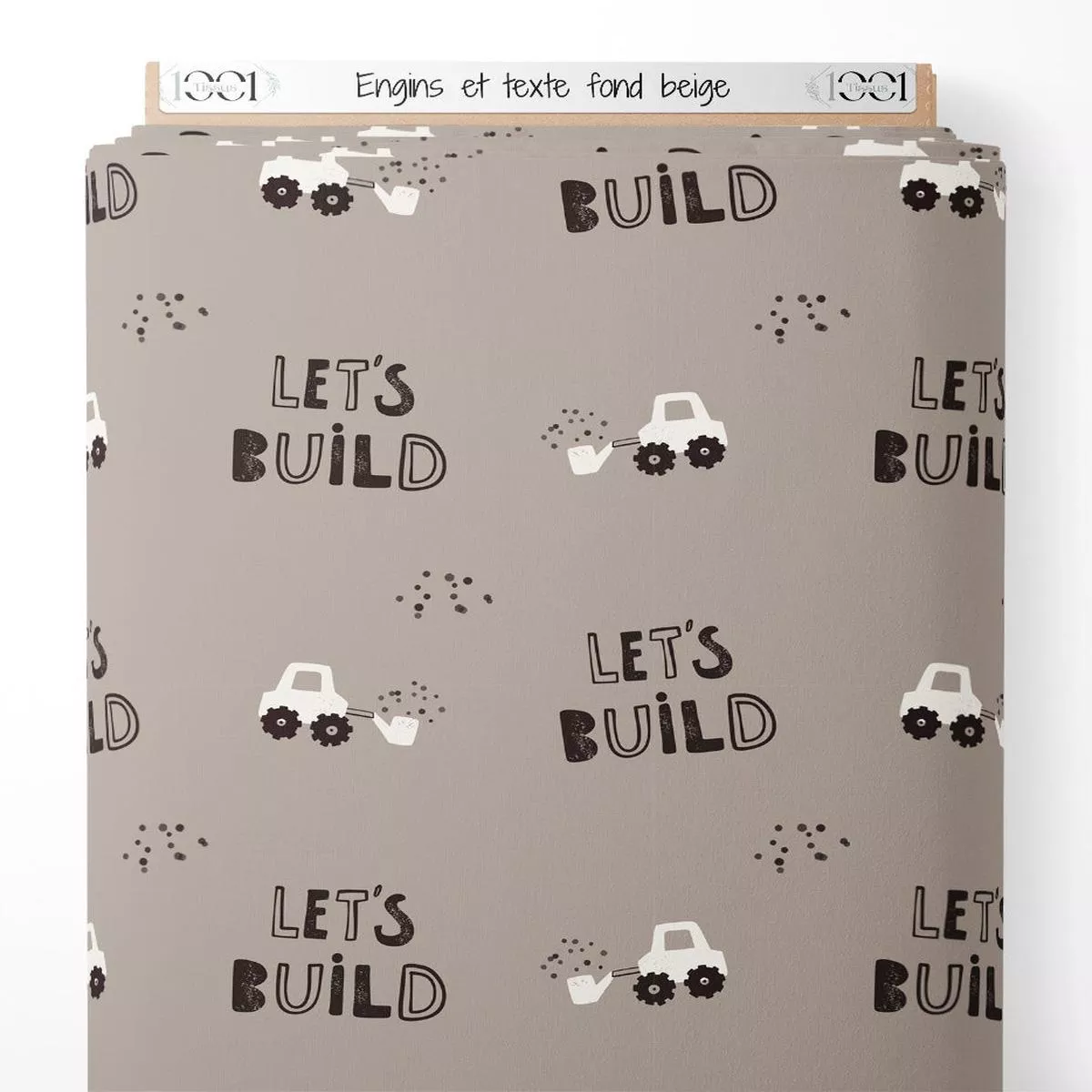 tissu-engins-et-texte-sur-fond-beige Tissu – Engins et texte sur fond beige