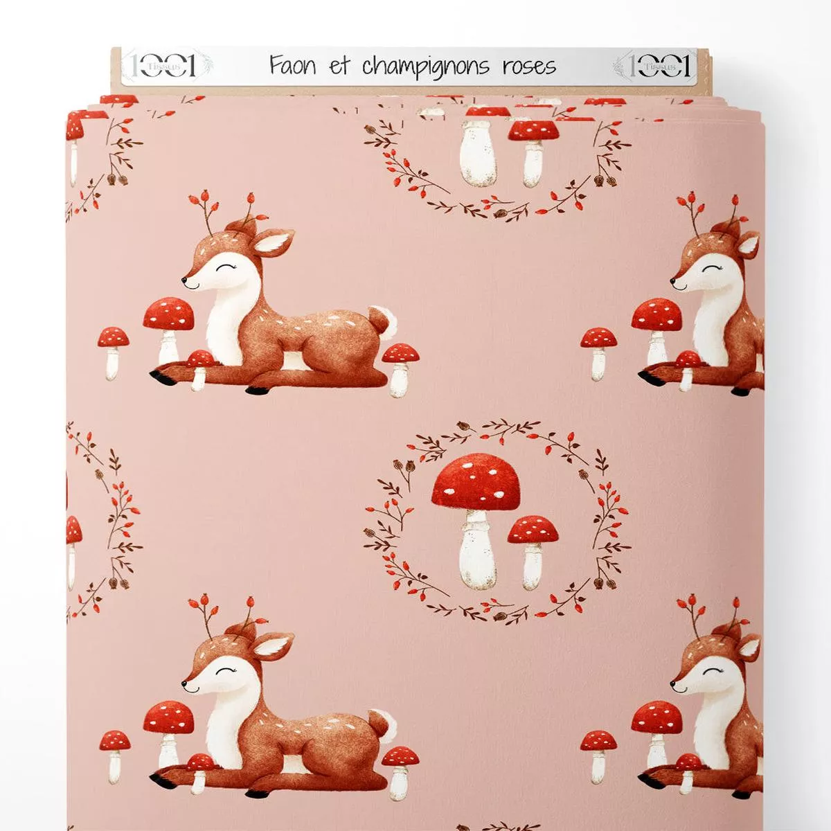 tissu-faon-et-champignons-roses Tissu – Faon et champignons roses