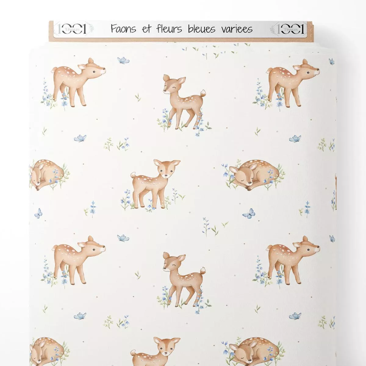 Tissu – Faons et fleurs bleues varies