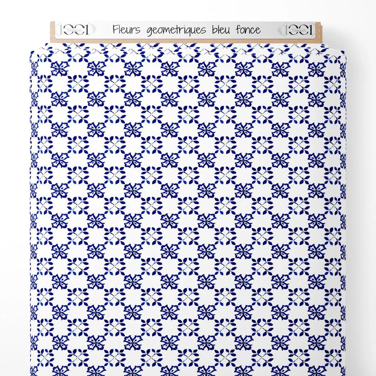 tissu-fleurs-gomtriques-bleu-fonc Tissu – Fleurs gomtriques bleu fonc