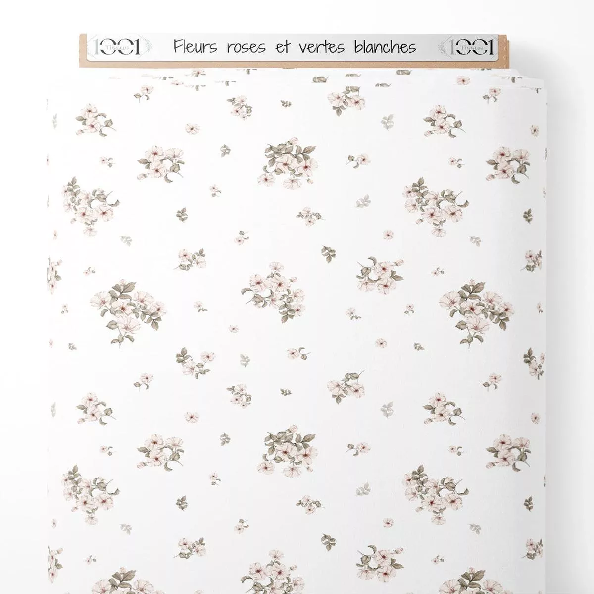 Tissu – Fleurs roses et vertes blanches