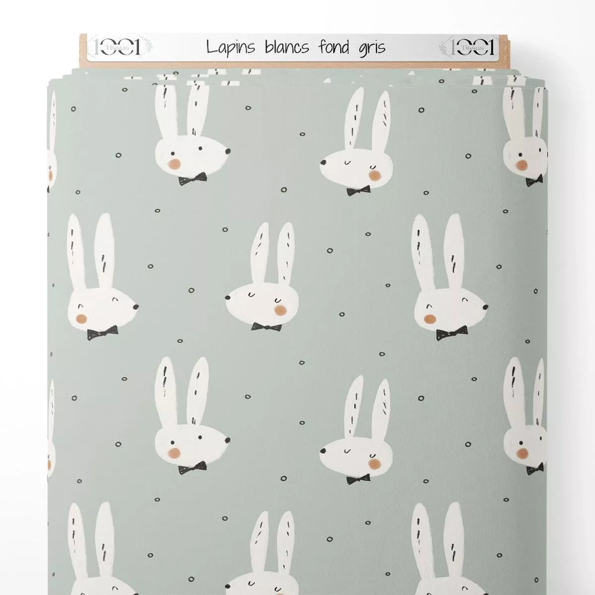 tissu-lapins-blancs-fond-gris Tissu – Lapins blancs fond gris