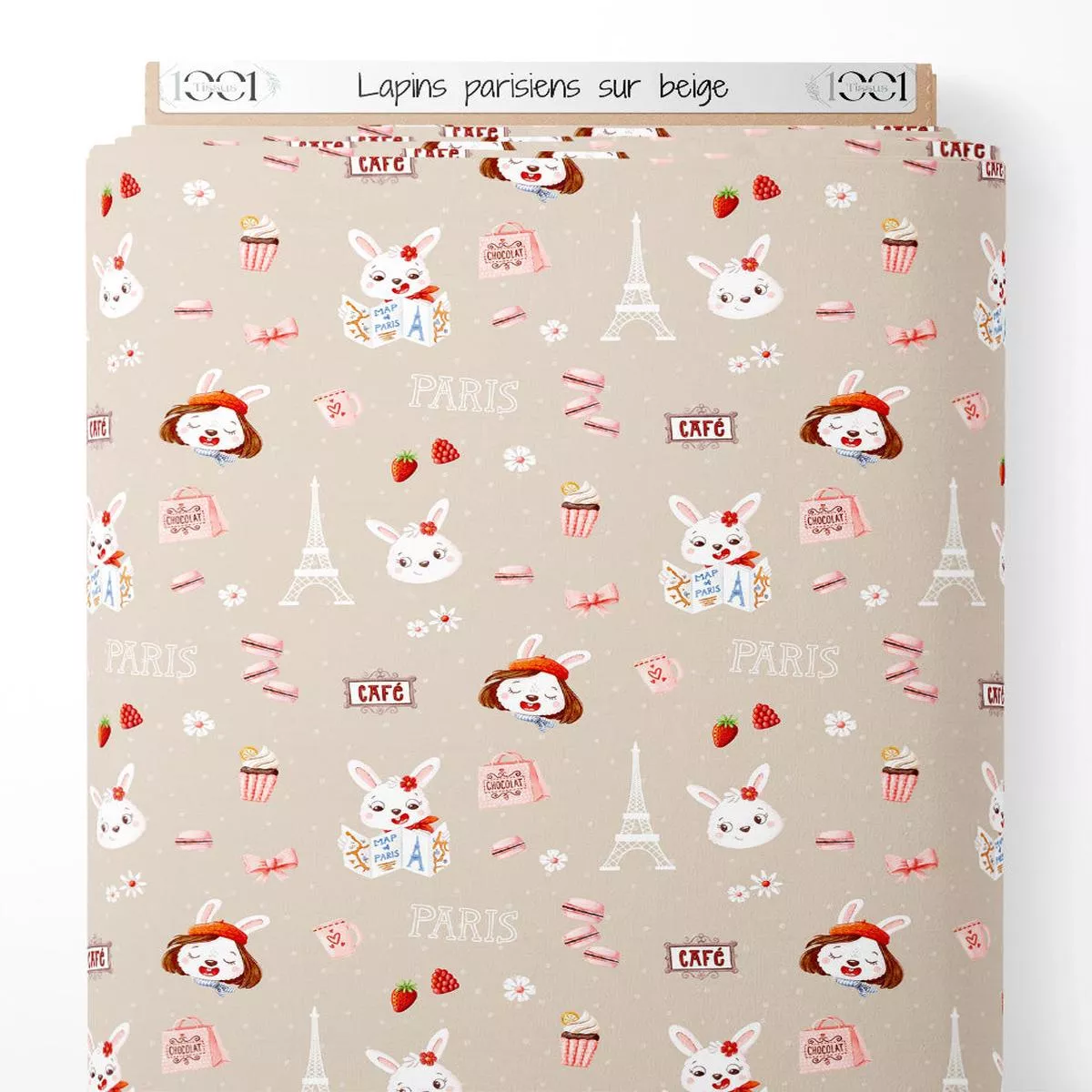 tissu-lapins-parisiens-sur-beige Tissu – Lapins parisiens sur beige